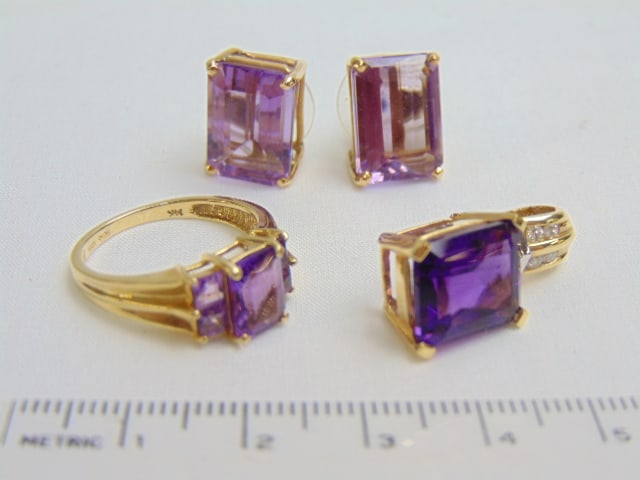 Jewelry. 14kt gold Amethyst suite, pendant square amethyst approx. 12mmx 10mm w/ 4 small diamonds, (1 of 7)