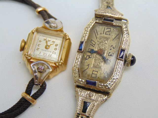 Jewelry. (2) Vintage wristwatches Art Deco & Bulova, Art Deco watch band needs to be fixed (1 of 4)