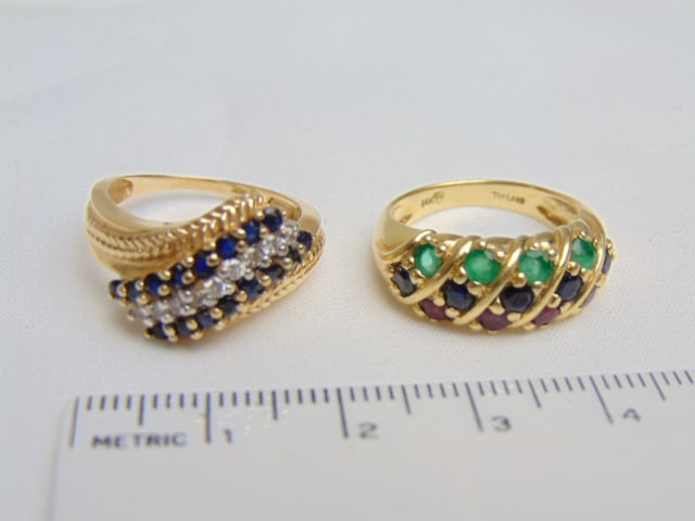 Jewelry. (2) 14kt yellow gold rings w/ gemstones to include ruby sapphire emerald trip row band 4.55 (1 of 5)
