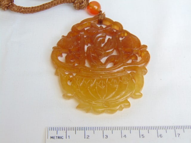 Jewelry. Chinese brown Jade carved pendant/necklace, silk rope & beads, 2 1/2" x 2 1/4" (1 of 3)