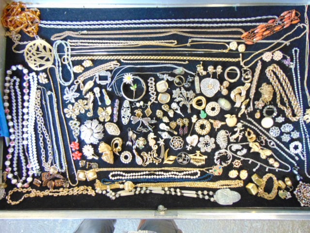 Jewelry. Lot of costume & sterling to include pins; necklaces; earrings; rhinestones, some sgd pcs (1 of 10)