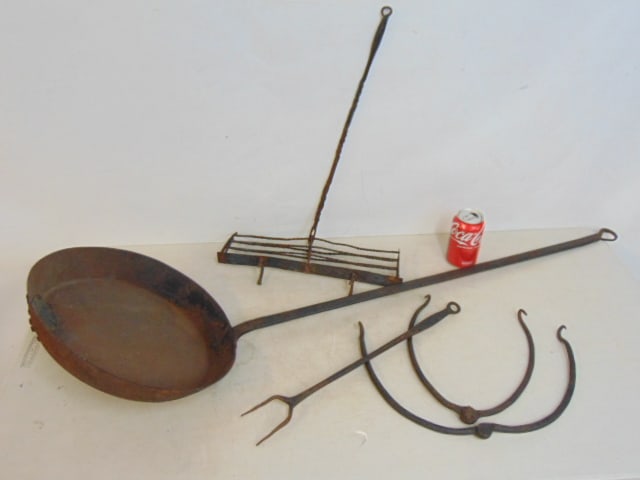 Lot iron utensils, toaster, two hooks, wrought iron fork, iron pan, pan is 47.75" long (1 of 4)