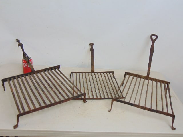 3 early wrought iron fireplace trivets, largest trivet is 25.5" long (including handle), grate (1 of 5)