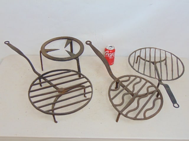 4 wrought iron fireplace trivets, three rotating trivets with long handles, one stationary on three (1 of 7)