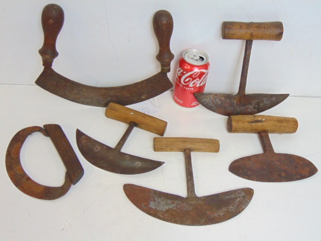 6 19th Century dicers, choppers, slicers, iron blades with wood handles, various models.: 6 19th Century dicers, choppers, slicers, iron blades with wood handles, various models.