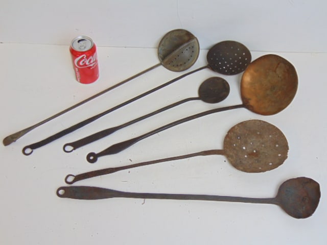5 country kitchen slotted spoons, ladles, wrought iron, copper & zinc, longest is 22" (1 of 7)