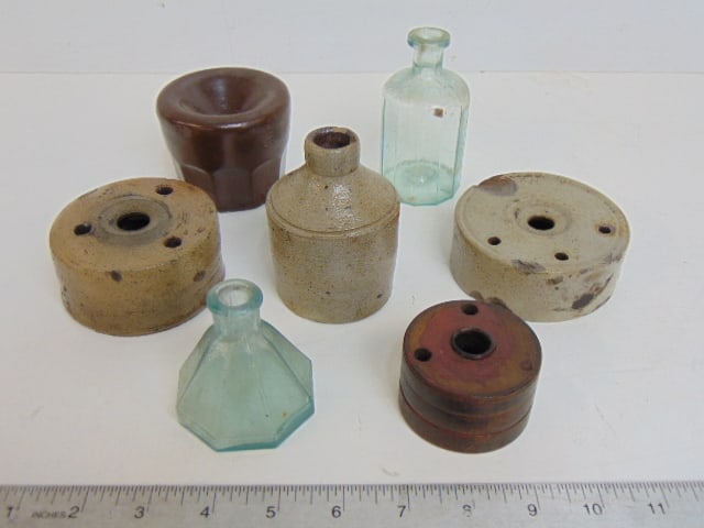 7 early glass & stoneware ink bottles & inkwells, also includes wood civil war era inkwell with (1 of 6)