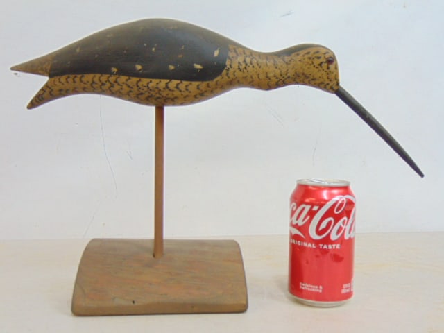 Hand carved & painted shorebird decoy, signed Stevens, sandpiper with glass eyes, 16.5" long, height (1 of 5)