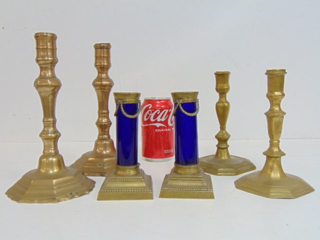 2 pair & 2 single candle sticks, pair brass & cobalt glass sticks with ribbon decoration, 5.5" tall, (1 of 6)