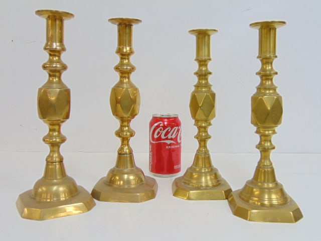 2 pair antique brass English candlesticks, "The Queen of Diamonds" & "The Diamond Princess", height (1 of 6)