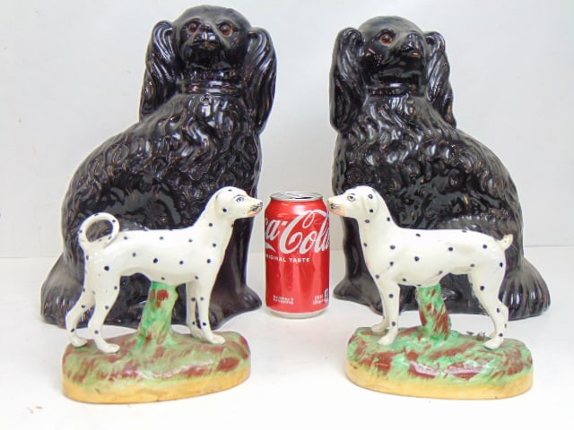 2 pair Staffordshire dogs, pair black Jackfield Spaniels & pair of Dalmatian dog figurines, black: 2 pair Staffordshire dogs, pair black Jackfield Spaniels & pair of Dalmatian dog figurines, black Spaniels are 11 7/8" tall, 9.5" wide, Dalmatians are 6" wide, height is 6" tall, one is missing tail, 