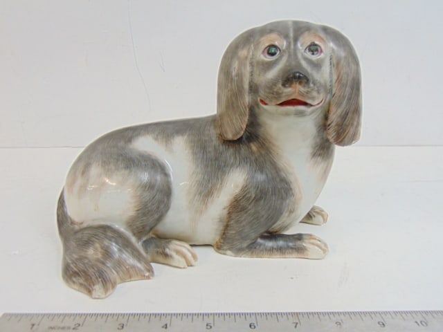 Antique Chinese export figure of a spaniel dog, (Qianlong ?), has small chips on left paw, tail & (1 of 9)
