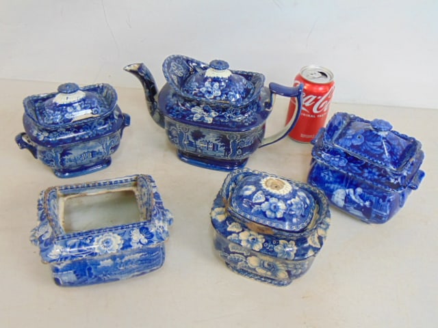 5 pieces of decorative Staffordshire sugars, in deep blue, includes teapot & 4 bowls, 3 with lid, (1 of 13)