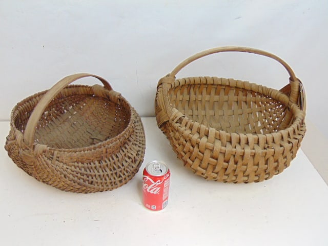 2 Buttocks baskets, with split handle design, one has some damage, on bottom, 14" wide, 13" deep, (1 of 7)