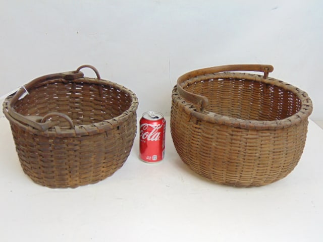 2 early baskets with swingarm handles, 12" & 13" in diameter, height is 7.5" & 6.75" (1 of 5)