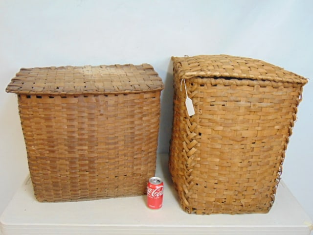 2 large lidded square & oblong baskets, square basket is 22" tall, oblong basket is 19" tall, 22.5" (1 of 5)
