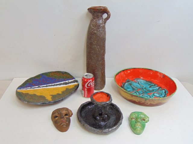 Lot studio pottery by Ludis Kalninas, includes red deep bowl with green decoration, 13.25" in (1 of 7)