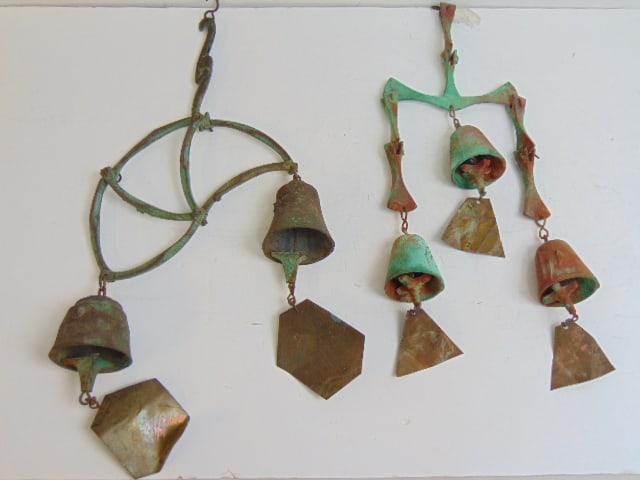 2 bronze wind chimes by Paolo Arcosanti, 21" by 19.5" long (1 of 5)