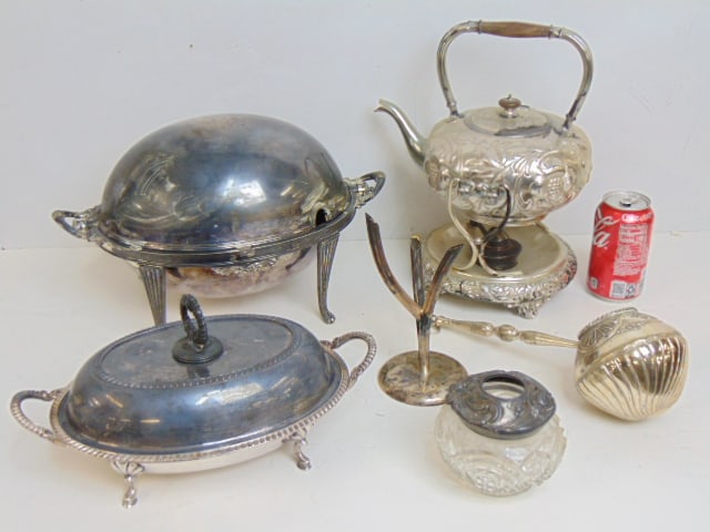 Lot silverplate, two vegetable dishes, teapot on stand, glass jar with sp lid, tasting cup, (1 of 6)