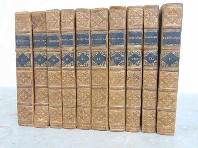 Set 10 leather bound books, "The Spectator", A New Edition, by Alexander Chalmers, 1808, 6.25" by 4" (1 of 5)