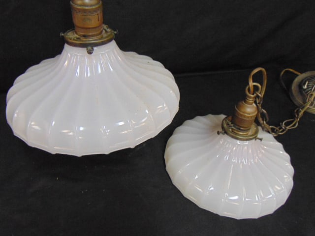 Pair hanging glass shade fixtures, each glass shade is 9" in diameter, with chains: Pair hanging glass shade fixtures, each glass shade is 9" in diameter, with chains