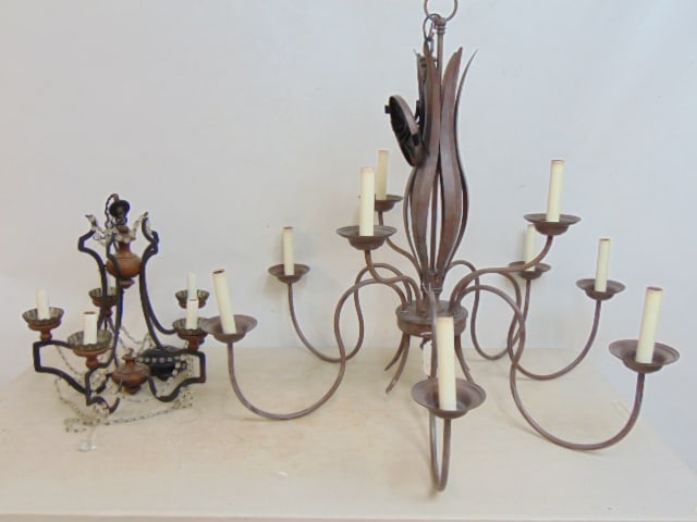 Two chandeliers, hanging fixtures, small metal and wood fixture, 14" tall, 14" wide & large metal (1 of 4)