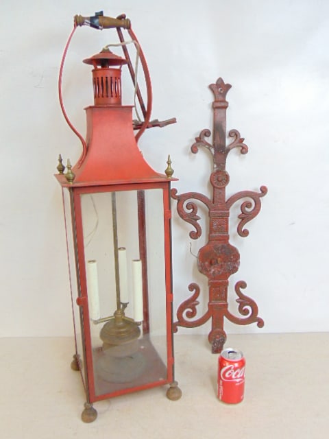Large tole wall lantern in red paint, wall mount bracket is broken, lantern is 9.5" by 9.5", 35" (1 of 4)