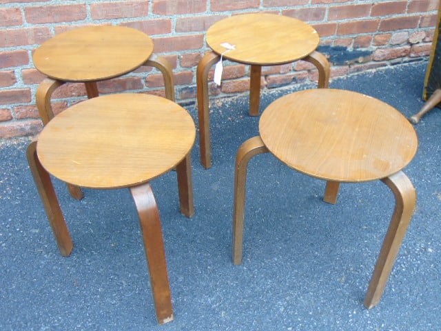 Set stackable Danish modern stools, manner of Aalto, some veneer damage (1 of 6)