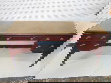 English leather top faux partners desk, has fake drawer fronts on reverse, desk is 25.25" deep, 67.5