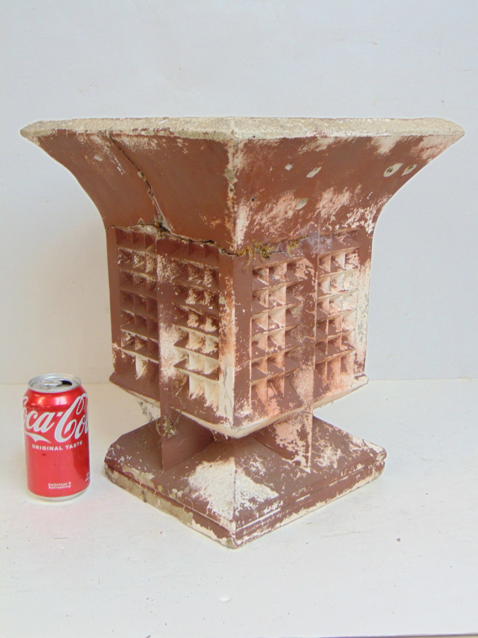 Cement planter, square contemporary design, remnants of brown paint, has cracks, 12 5/8" by 12 5/8",: Cement planter, square contemporary design, remnants of brown paint, has cracks, 12 5/8" by 12 5/8", height is 15.25"