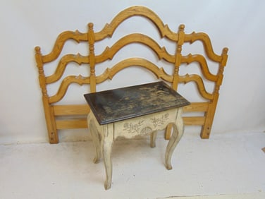 One drawer stand & oak ribbon style head board, oak stand by Round Tree in white paint with black to