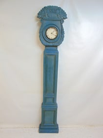 Country style standing clock in blue paint with carved flower basket top, quartz movement, untested,