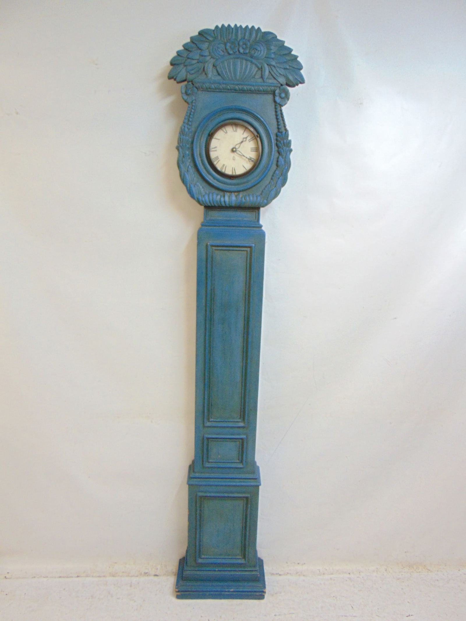 Country style standing clock in blue paint with carved flower basket top, quartz movement, untested, (1 of 4)