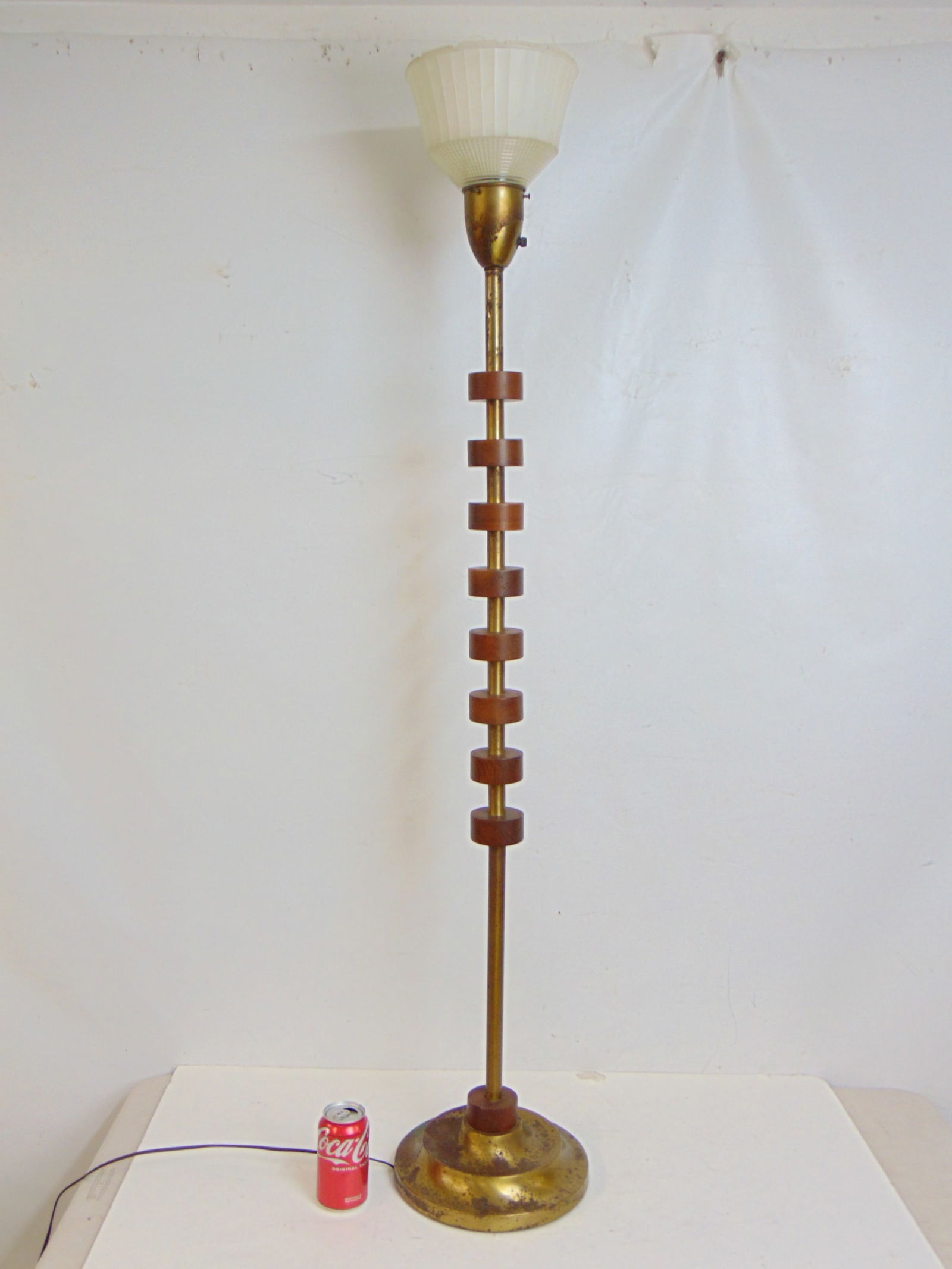 Mid Century tall table lamp, wood & metal construction, glass diffuser shade, height is 55", finish (1 of 5)
