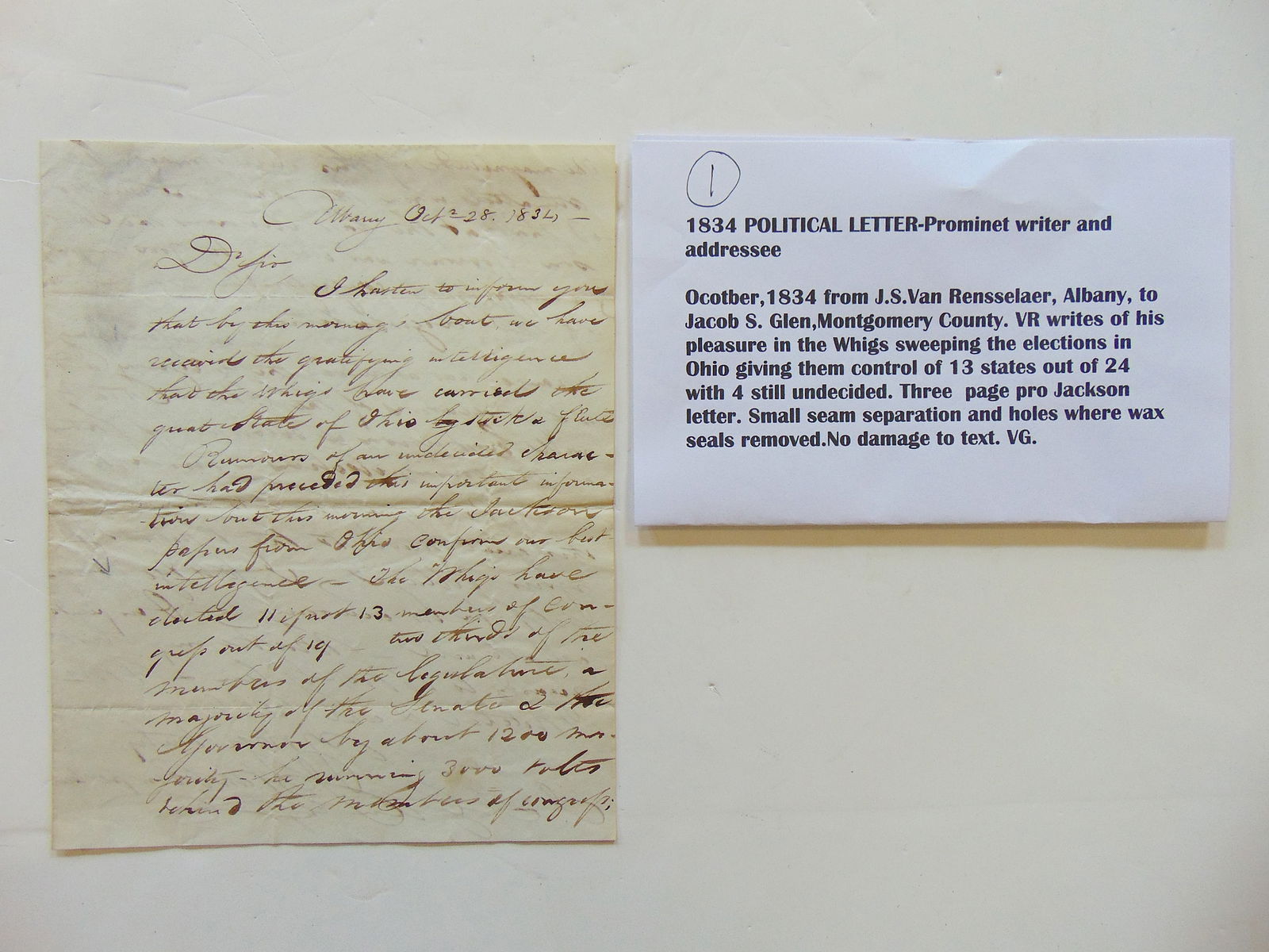 1834 Political letter, prominent writer and addressee, From J.S. Van Rensselaer, Albany, to Jacob S.