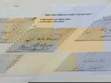 Three early American letters, 1799 & 1808, addressed to Col. Samuel Flower, Ezra Gregory.