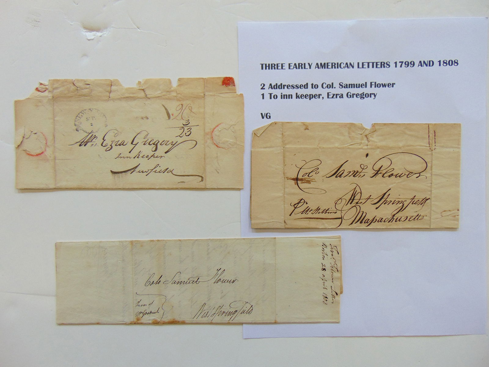 Three early American letters, 1799 & 1808, addressed to Col. Samuel Flower, Ezra Gregory. (1 of 4)