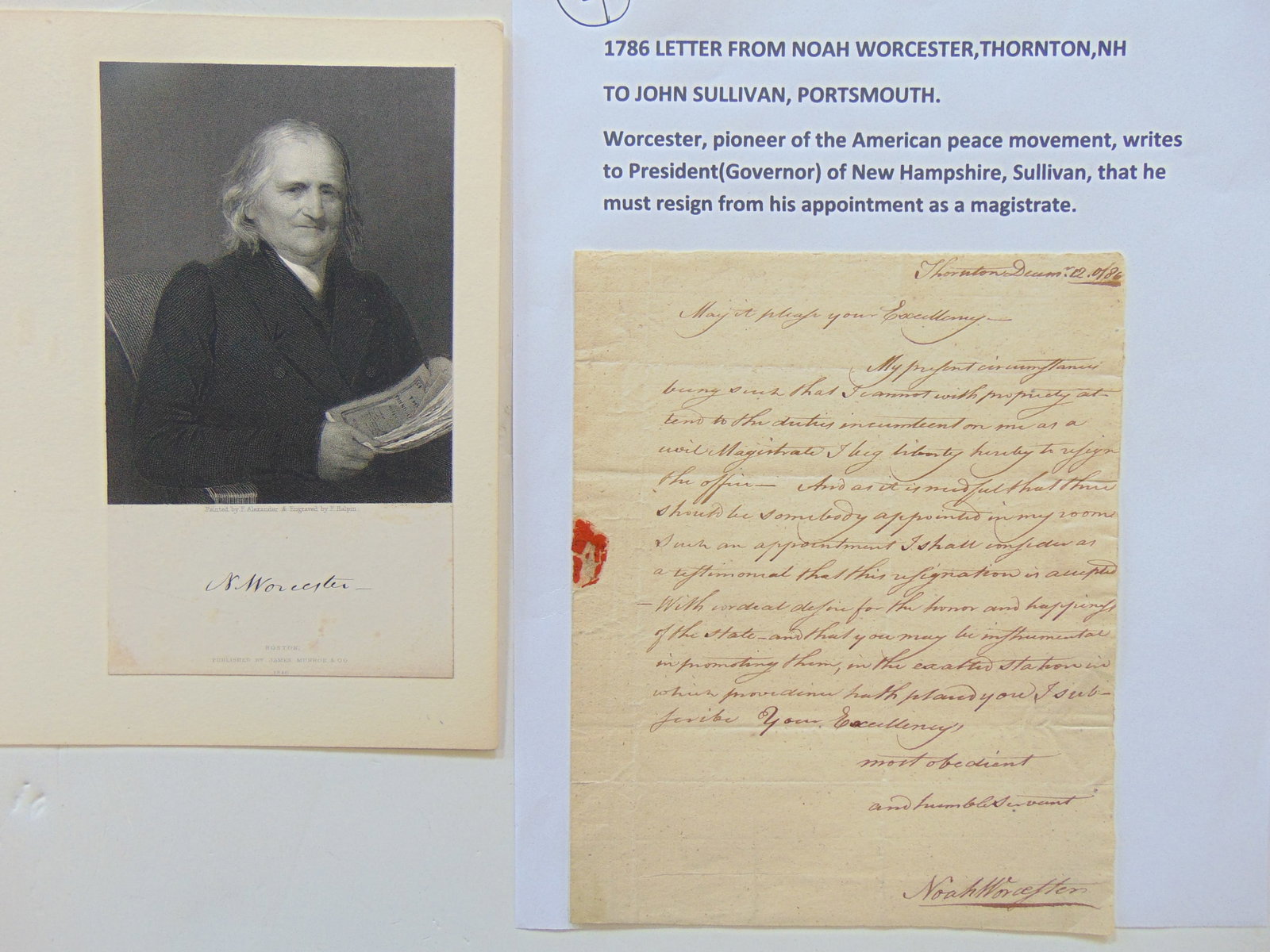 1786 letter from Noah Worcester, Thornton, NH to John Sullivan, Portsmouth (1 of 3)