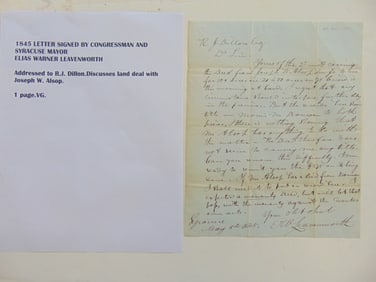 1845 letter signed by congressman and Syracuse Mayor Elias Warner Leavenworth, addressed to R.J.