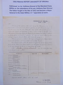 1856 printed report-University of Virginia, addressed to Col. Anthony Kimmel of the Maryland State