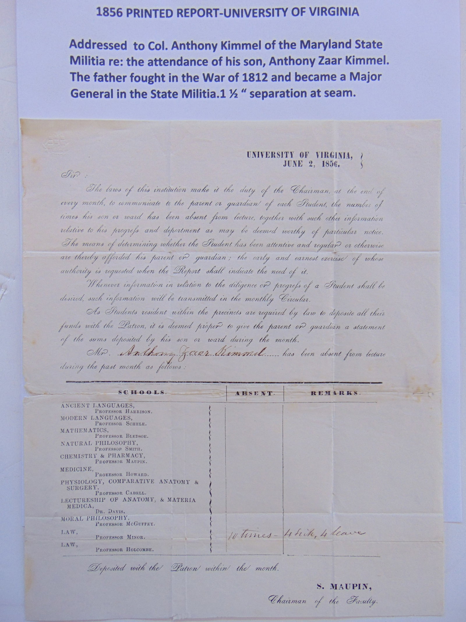 1856 printed report-University of Virginia, addressed to Col. Anthony Kimmel of the Maryland State: 1856 printed report-University of Virginia, addressed to Col. Anthony Kimmel of the Maryland State Militia.