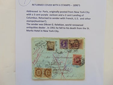Return cover with 6 stamps, 1890's, addressed to Paris, originally posted from New York City, sender