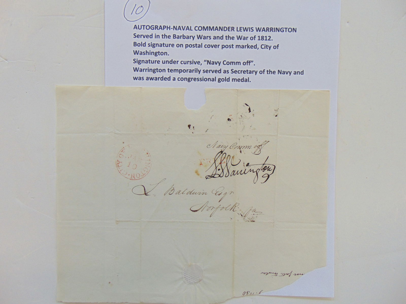 Autograph, Naval Commander Lewis Warrington, served in the Barbary wars and the war of 1812, bold (1 of 2)