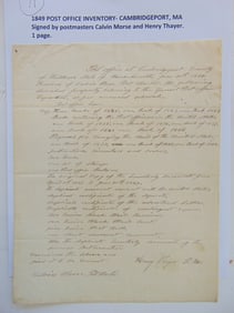1849 Post Office inventory, Cambridgeport, MA, signed by postmasters Calvin Morse & Henry Thayer