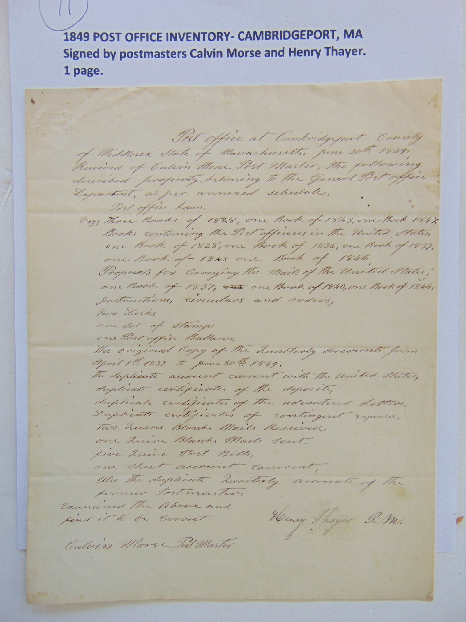 1849 Post Office inventory, Cambridgeport, MA, signed by postmasters Calvin Morse & Henry Thayer: 1849 Post Office inventory, Cambridgeport, MA, signed by postmasters Calvin Morse & Henry Thayer