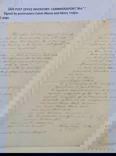1849 Post Office inventory, Cambridgeport, MA, signed by postmasters Calvin Morse & Henry Thayer: 1849 Post Office inventory, Cambridgeport, MA, signed by postmasters Calvin Morse & Henry Thayer