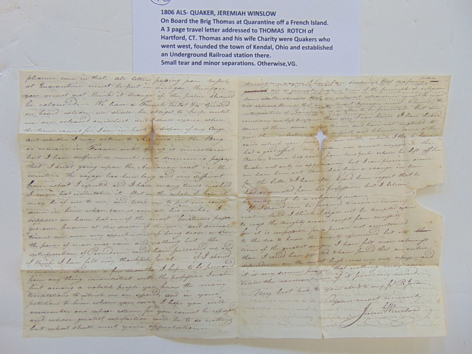 1806 Autograph, Letter, Signed, (ALS), Quaker, Jeremiah Winslow, on board the brig Thomas at (1 of 3)