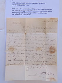 Matthew Livingston Davis, Norfolk to his wife in New York, Davis was a 40 year associate of Aaron