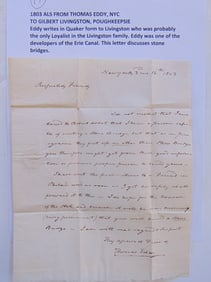 Autograph, Letter, Signed, (ALS)From Thomas Eddy, New York City to Gilbert Livingston, Poughkeepsie,