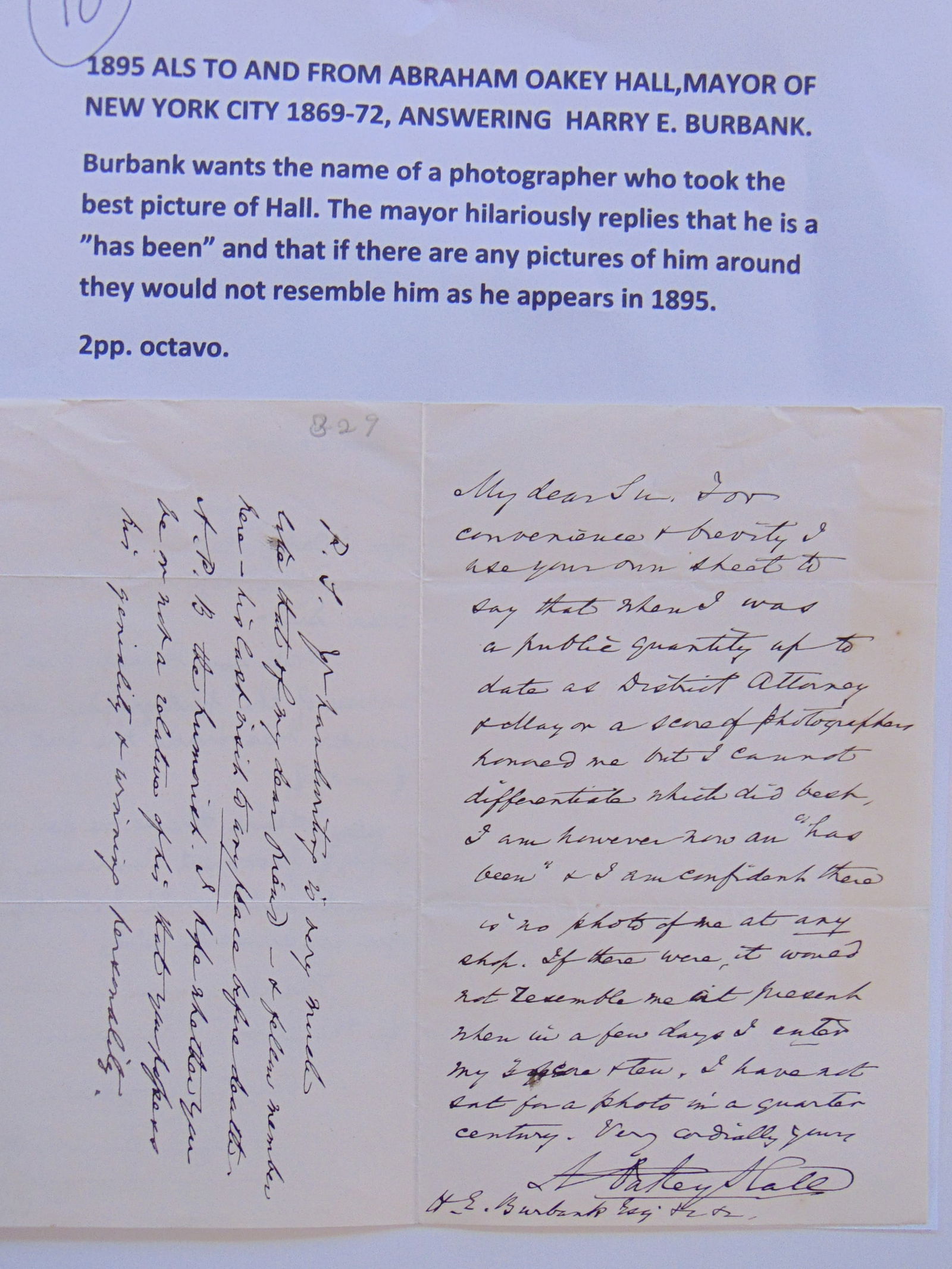 1895 Autograph, Letter, Signed, (ALS), to and from Abraham Oakey Hall, mayor of New York City (1 of 4)